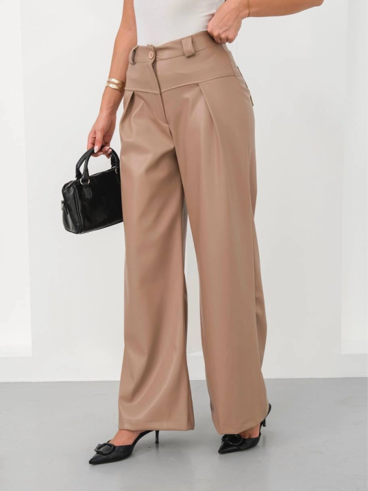Deri Geniş Paça Beli Lastikli Pantolon Bej H263644