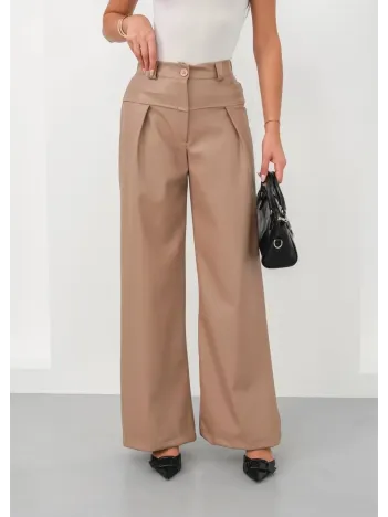Deri Geniş Paça Beli Lastikli Pantolon Bej H263644
