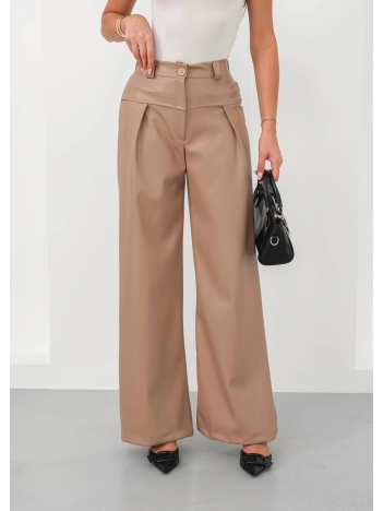 Deri Geniş Paça Beli Lastikli Pantolon Bej H263644