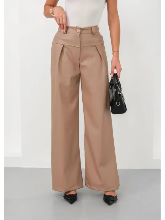 Deri Geniş Paça Beli Lastikli Pantolon Bej H263644