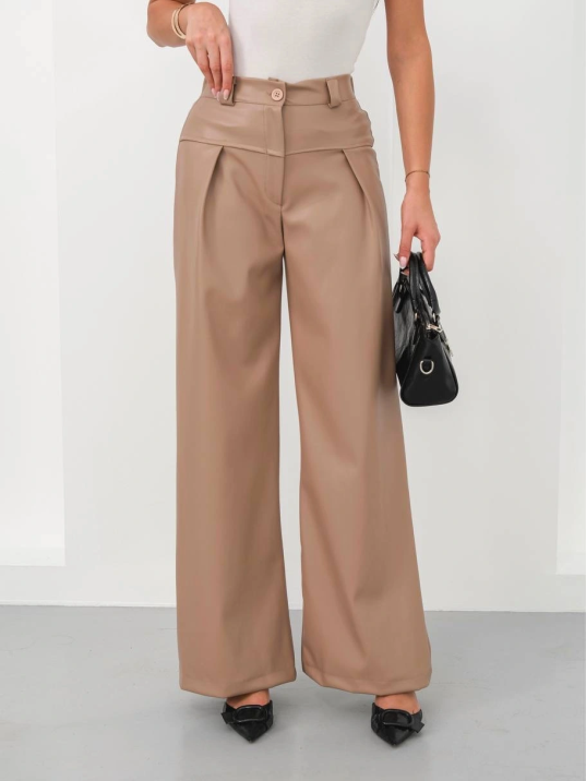 Deri Geniş Paça Beli Lastikli Pantolon Bej H263644