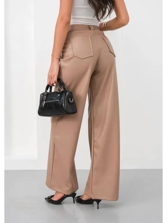 Deri Geniş Paça Beli Lastikli Pantolon Bej H263644
