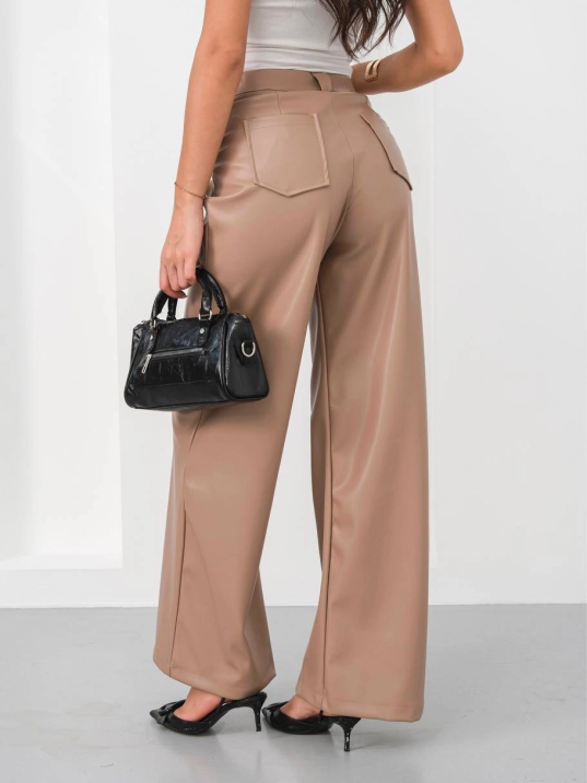 Deri Geniş Paça Beli Lastikli Pantolon Bej H263644