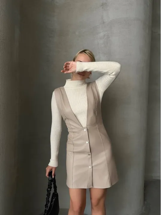 Deri Jile Elbise Bej W24796