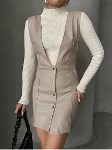 Deri Jile Elbise Bej W24796