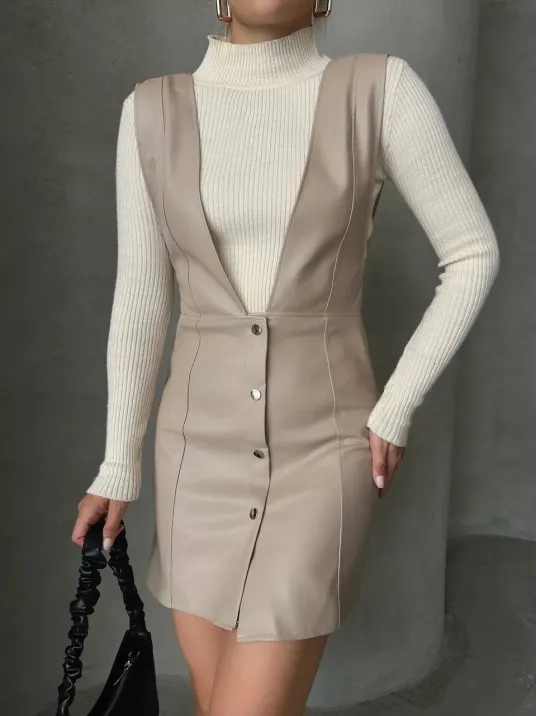 Deri Jile Elbise Bej W24796