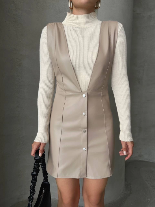 Deri jile elbise bej w24796 Deri jile elbise bej w24796