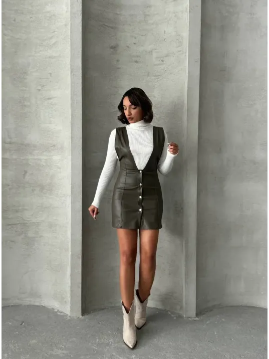 Deri Jile Elbise Haki W24796