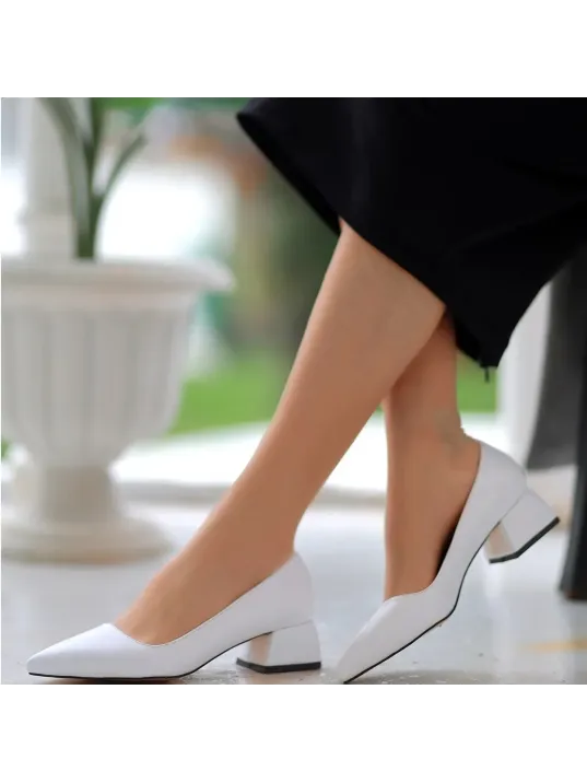 Desniy Beyaz Cilt Topuklu Ayakkabı
