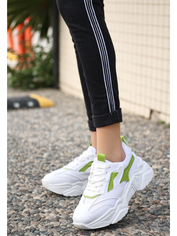 Dica Beyaz Cilt Yeşil Detaylı Bağcıklı Spor Ayakkabı