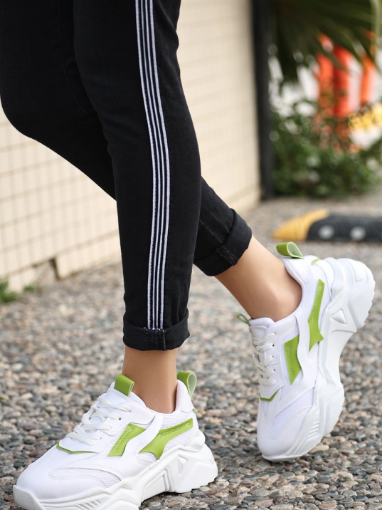 Dica Beyaz Cilt Yeşil Detaylı Bağcıklı Spor Ayakkabı
