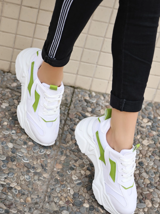 Dica Beyaz Cilt Yeşil Detaylı Bağcıklı Spor Ayakkabı