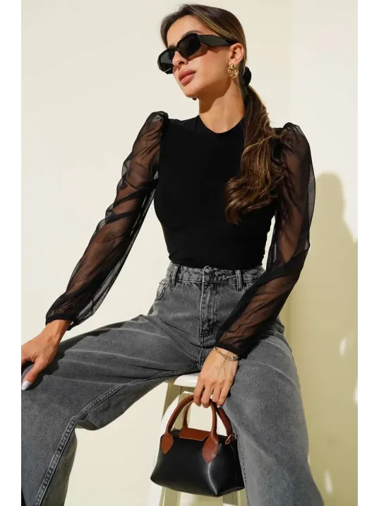 Dik Yaka Tül Kollu Bluz Siyah T3066 Dik Yaka Tül Kollu Bluz Siyah T3066