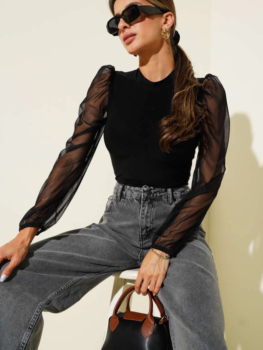 Dik yaka tül kollu bluz siyah t3066 Dik yaka tül kollu bluz siyah t3066