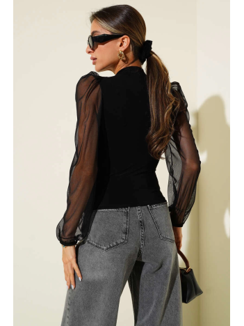 Dik yaka tül kollu bluz siyah t3066 Dik yaka tül kollu bluz siyah t3066