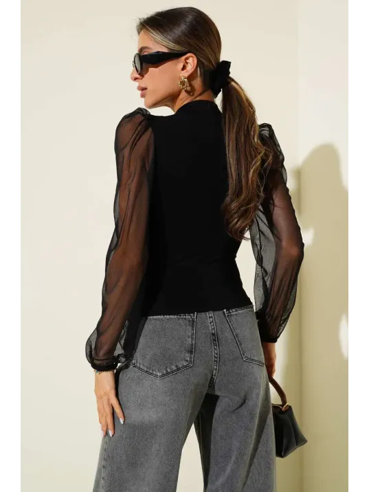 Dik Yaka Tül Kollu Bluz Siyah T3066 Dik Yaka Tül Kollu Bluz Siyah T3066