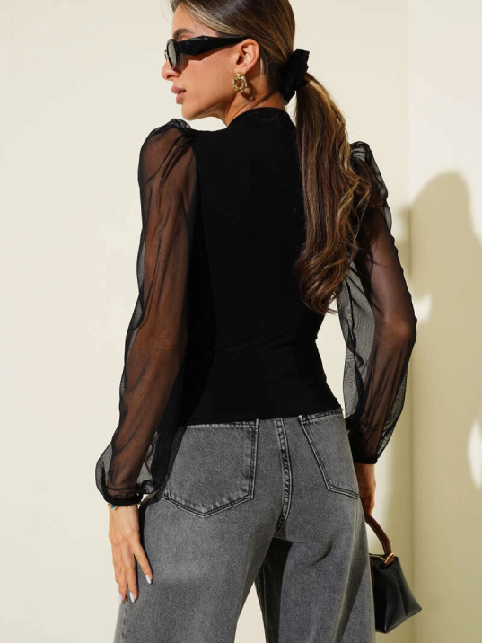 Dik yaka tül kollu bluz siyah t3066 Dik yaka tül kollu bluz siyah t3066