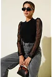 Dik Yaka Tül Kollu Bluz Siyah T3066
