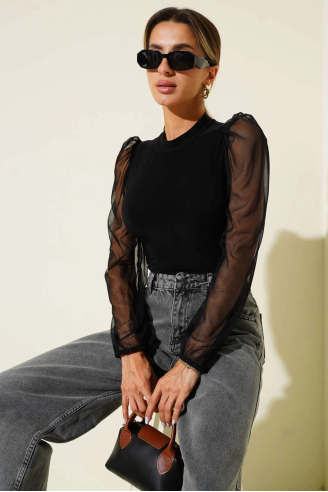 Dik yaka tül kollu bluz siyah t3066