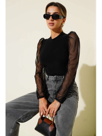 Dik yaka tül kollu bluz siyah t3066 Dik yaka tül kollu bluz siyah t3066