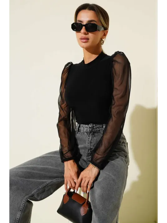 Dik Yaka Tül Kollu Bluz Siyah T3066 Dik Yaka Tül Kollu Bluz Siyah T3066