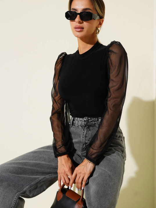 Dik yaka tül kollu bluz siyah t3066 Dik yaka tül kollu bluz siyah t3066