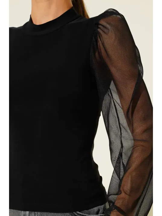 Dik Yaka Tül Kollu Bluz Siyah T3066 Dik Yaka Tül Kollu Bluz Siyah T3066