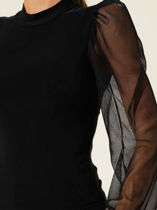 Dik yaka tül kollu bluz siyah t3066 Dik yaka tül kollu bluz siyah t3066