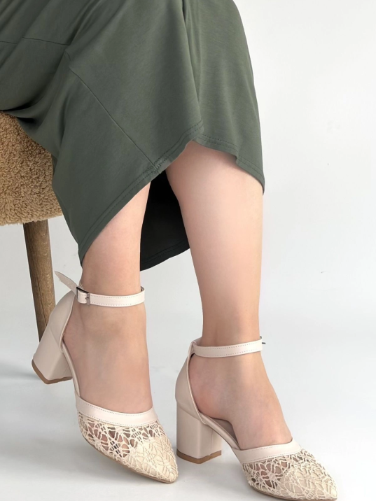 Dmop Bej Cilt Tül Detaylı Topuklu Ayakkabı
