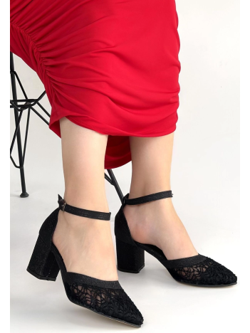 Dmop Siyah Cilt Simli Tül Detaylı Topuklu Ayakkabı