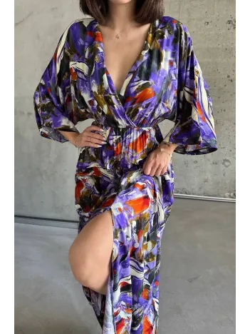 Dokuma Baskılı Yarasa Kol Elbise S8124