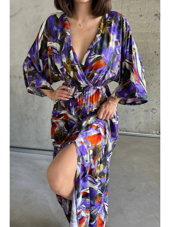 Dokuma baskılı yarasa kol elbise s8124