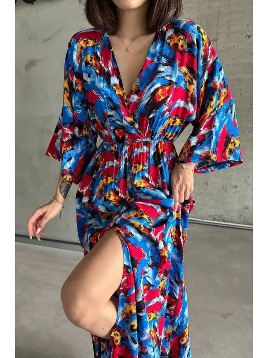 Dokuma Baskılı Yarasa Kol Elbise S8124