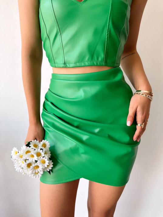 Drapeli deri etek yeşil s24771 Drapeli deri etek yeşil s24771