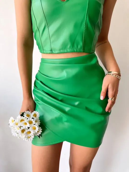 Drapeli Deri Etek Yeşil S24771