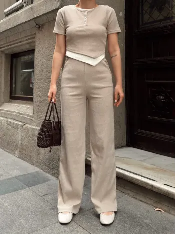 Düğme Yakalı Bej Alt Üst Takım S3943