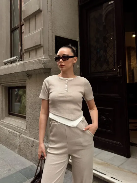 Düğme Yakalı Bej Alt Üst Takım S3943