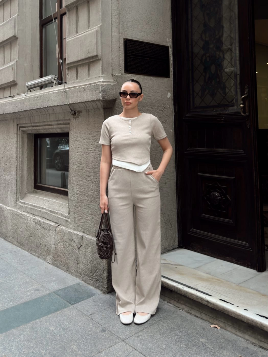 Düğme Yakalı Bej Alt Üst Takım S3943