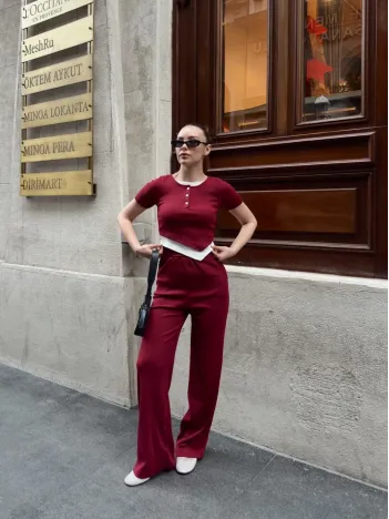 Düğme Yakalı Bordo Alt Üst Takım S3943