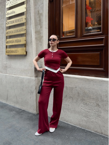 Düğme Yakalı Bordo Alt Üst Takım S3943