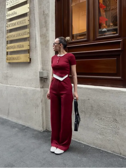 Düğme Yakalı Bordo Alt Üst Takım S3943