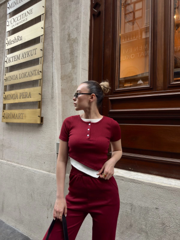 Düğme Yakalı Bordo Alt Üst Takım S3943 Düğme Yakalı Bordo Alt Üst Takım S3943