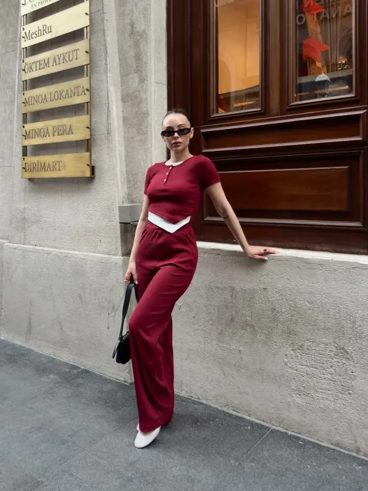 Düğme Yakalı Bordo Alt Üst Takım S3943