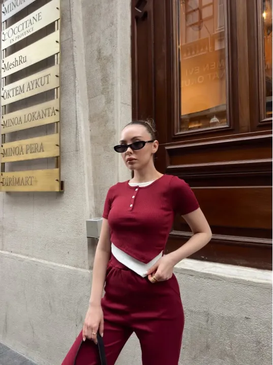 Düğme Yakalı Bordo Alt Üst Takım S3943