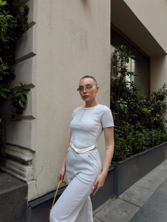 Düğme yakalı gri alt üst takım s3943 Düğme yakalı gri alt üst takım s3943