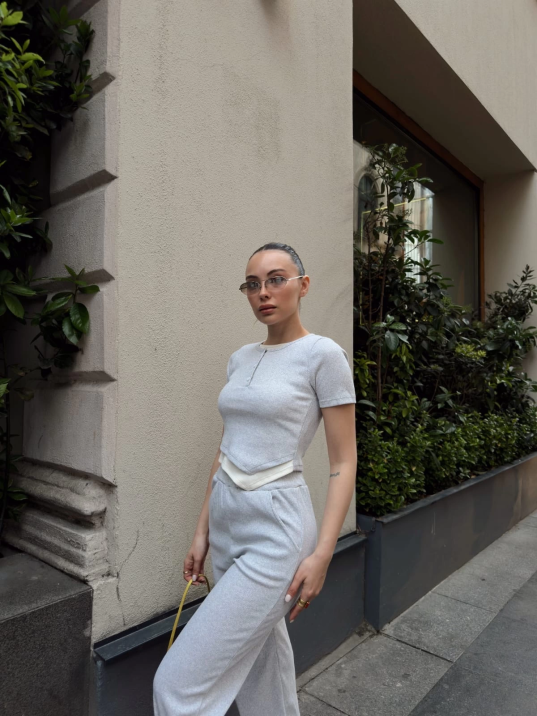 Düğme yakalı gri alt üst takım s3943 Düğme yakalı gri alt üst takım s3943