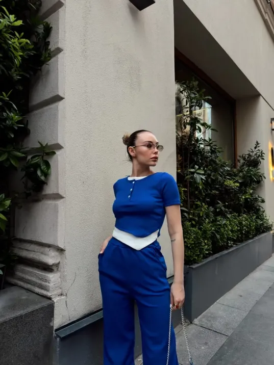 Düğme Yakalı Saks Alt Üst Takım S3943