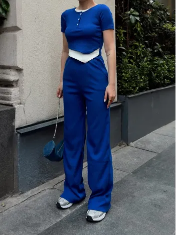 Düğme Yakalı Saks Alt Üst Takım S3943