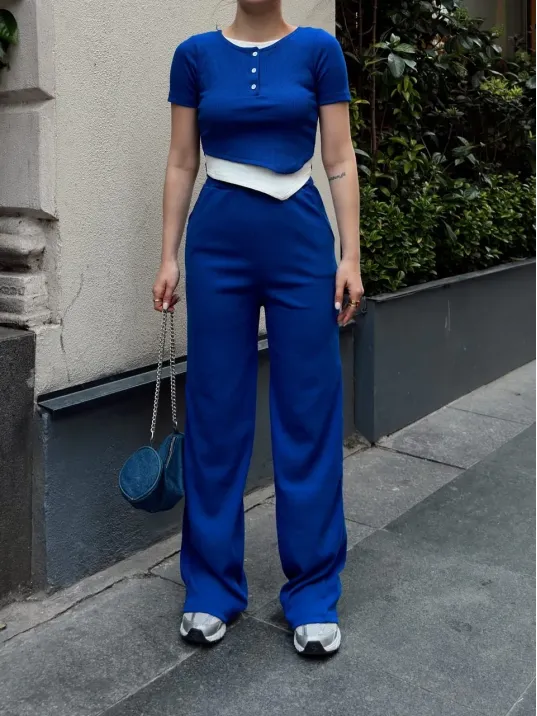 Düğme Yakalı Saks Alt Üst Takım S3943