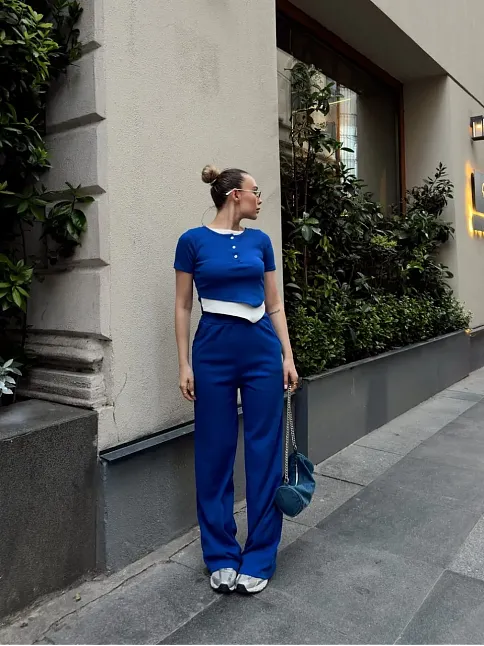 Düğme Yakalı Saks Alt Üst Takım S3943
